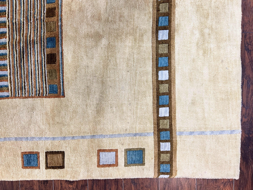 Tibetan Rug 5x8, Contemporary Rug 5 x 8 ft, Cream Brown Blue Hand-Knotted Wool w/ Silk Highlights Tibetan Carpet, Modern Rug