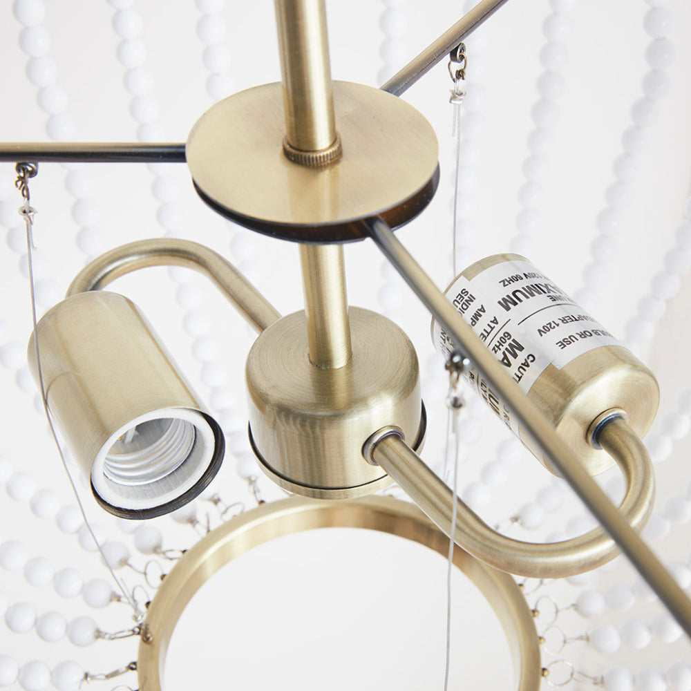 Modern Beaded Chandelier – 2-Light, Antique Brass Finish, White Bead Accent, Adjustable Height