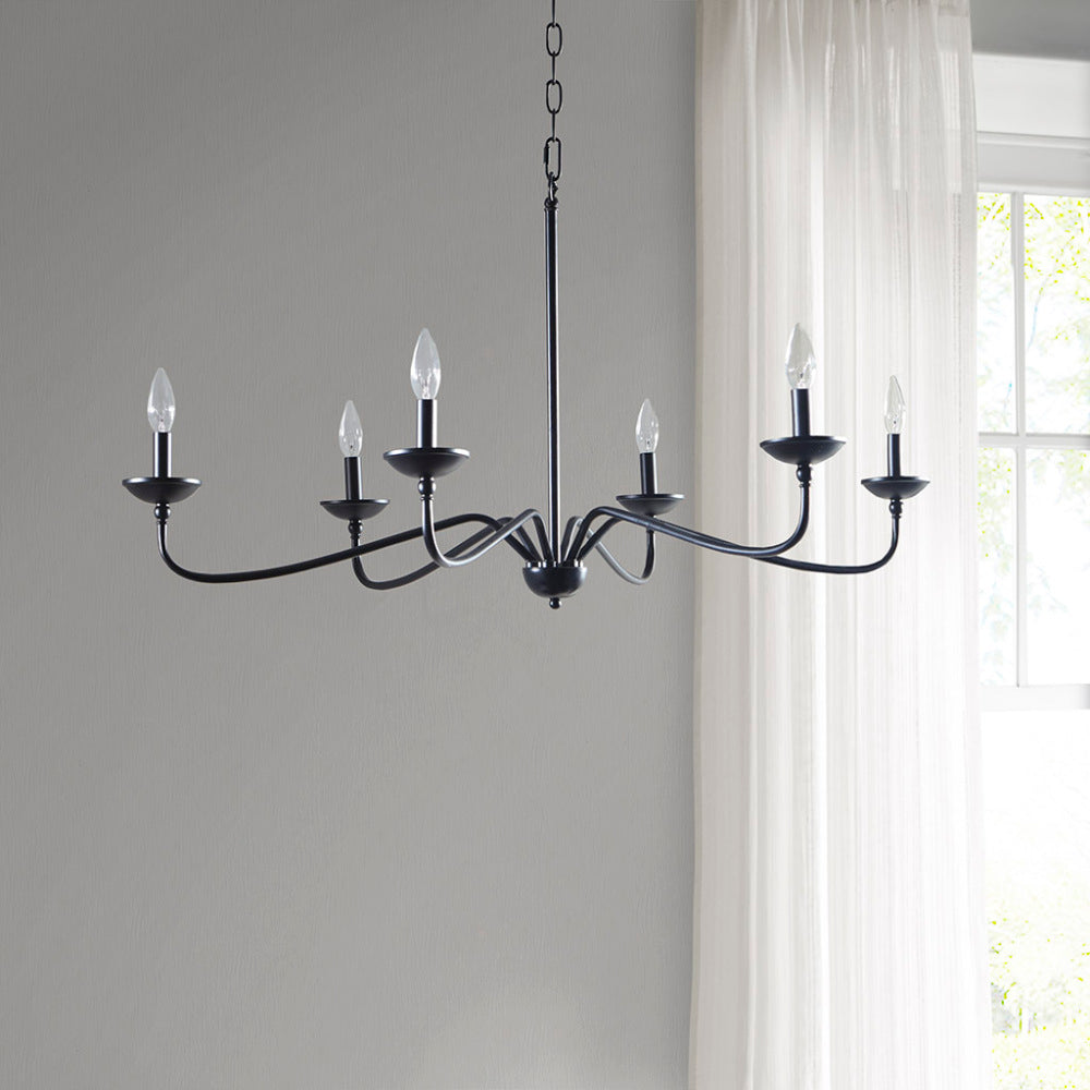 6-Light Metal Chandelier – Matte Black, 40" Wide, Adjustable 72" Chain, Dimmable