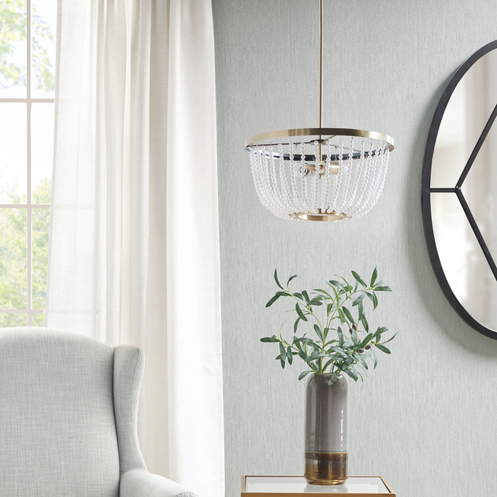 Modern Beaded Chandelier – 2-Light, Antique Brass Finish, White Bead Accent, Adjustable Height