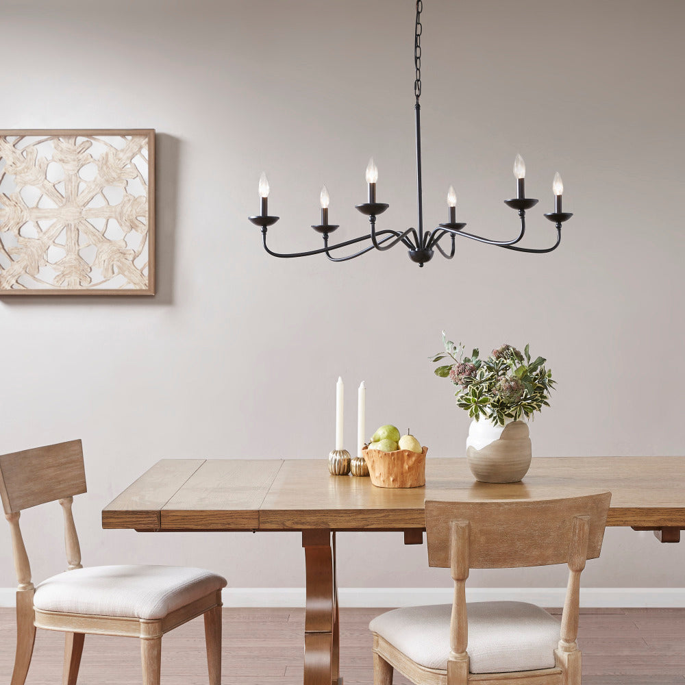 6-Light Metal Chandelier – Matte Black, 40" Wide, Adjustable 72" Chain, Dimmable