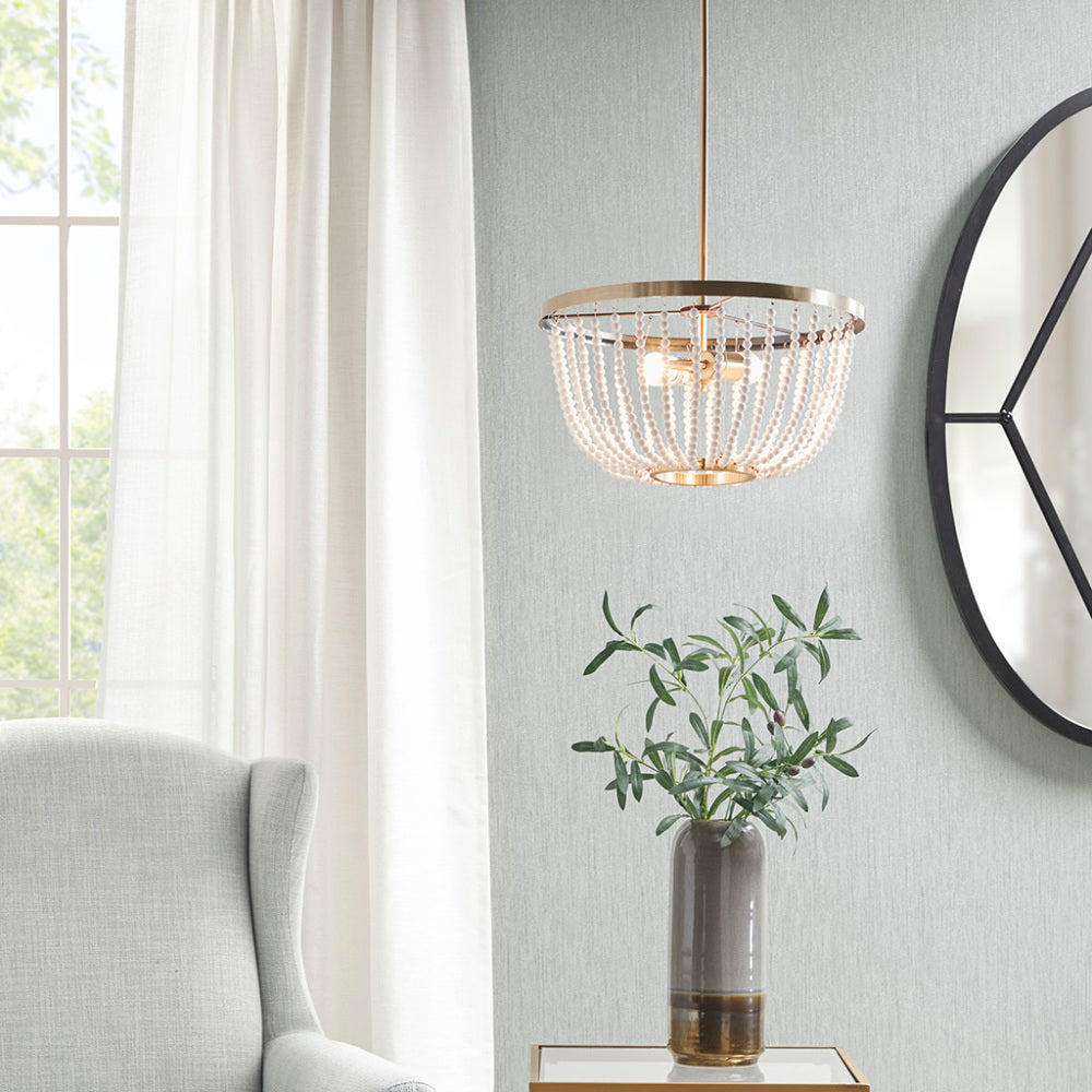 Modern Beaded Chandelier – 2-Light, Antique Brass Finish, White Bead Accent, Adjustable Height