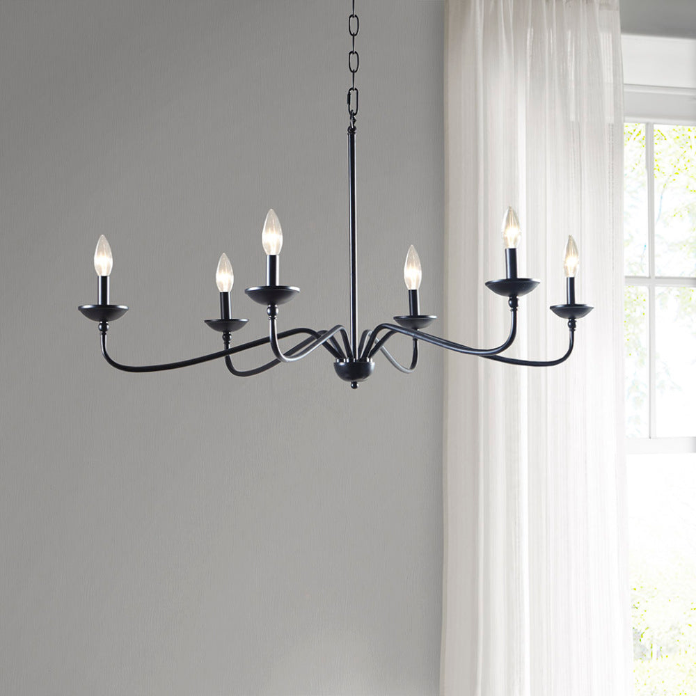 6-Light Metal Chandelier – Matte Black, 40" Wide, Adjustable 72" Chain, Dimmable