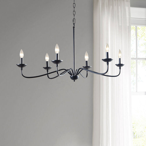 6-Light Metal Chandelier – Matte Black, 40" Wide, Adjustable 72" Chain, Dimmable