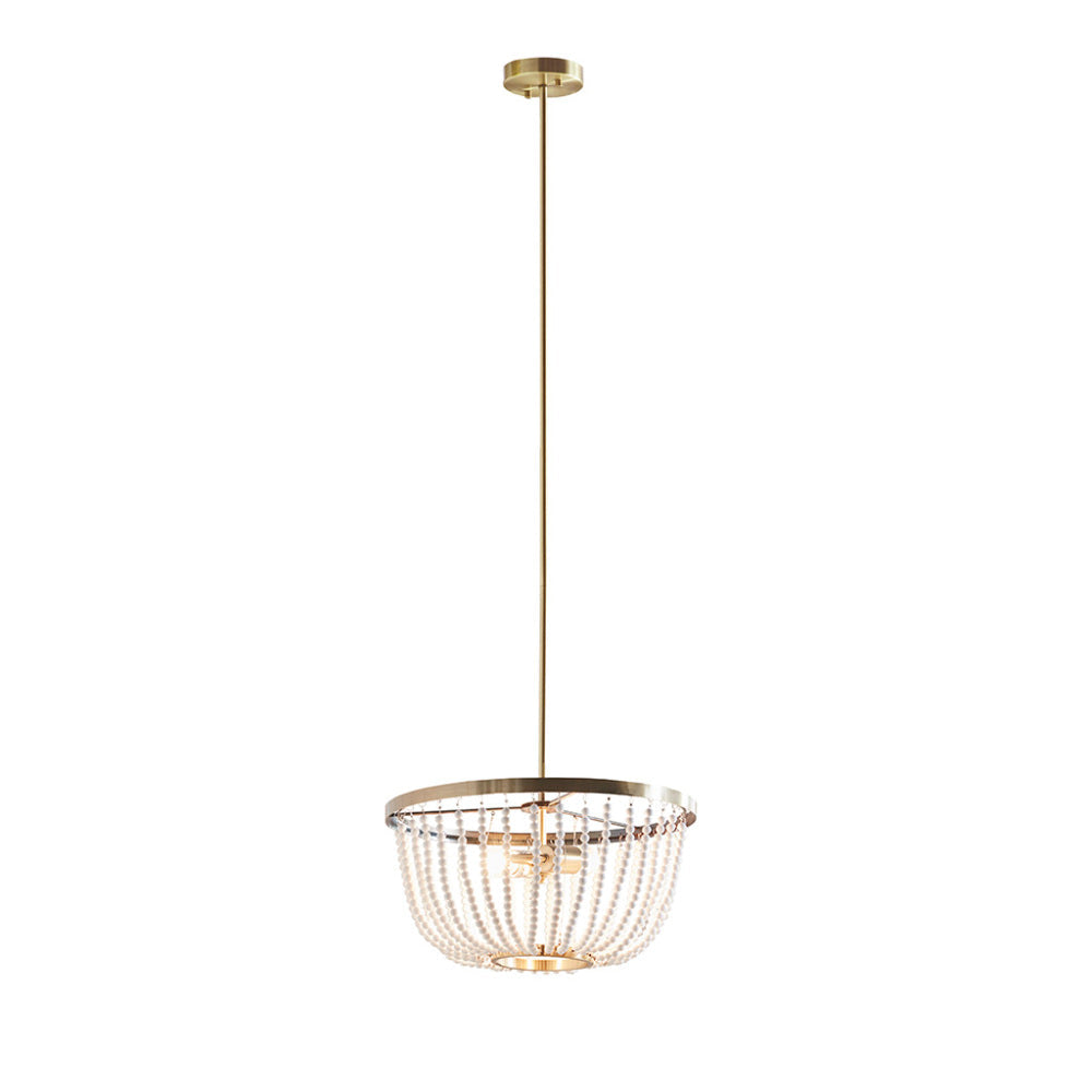 Modern Beaded Chandelier – 2-Light, Antique Brass Finish, White Bead Accent, Adjustable Height