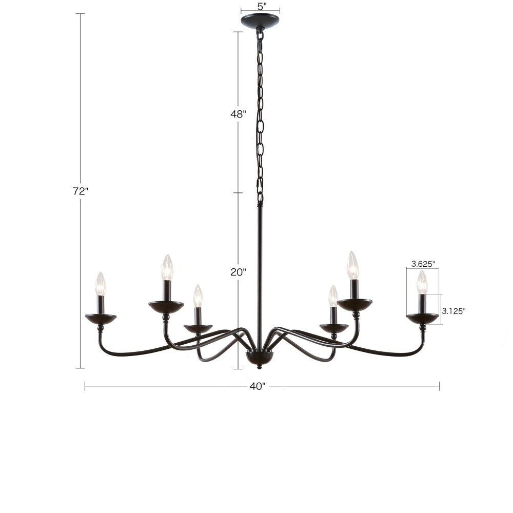 6-Light Metal Chandelier – Matte Black, 40" Wide, Adjustable 72" Chain, Dimmable
