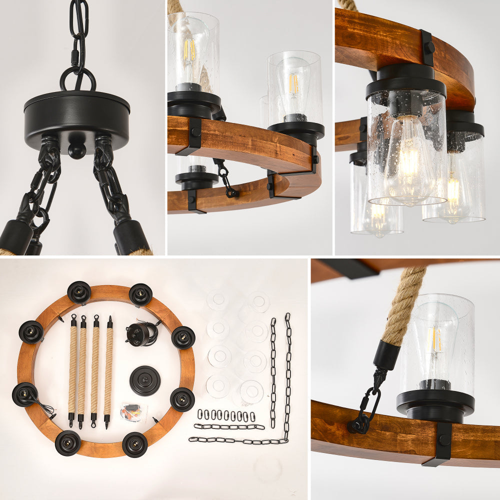 8-Light Rustic Wagon Wheel Chandelier | 31" Wood Frame & Seeded Glass, Farmhouse Industrial Pendant