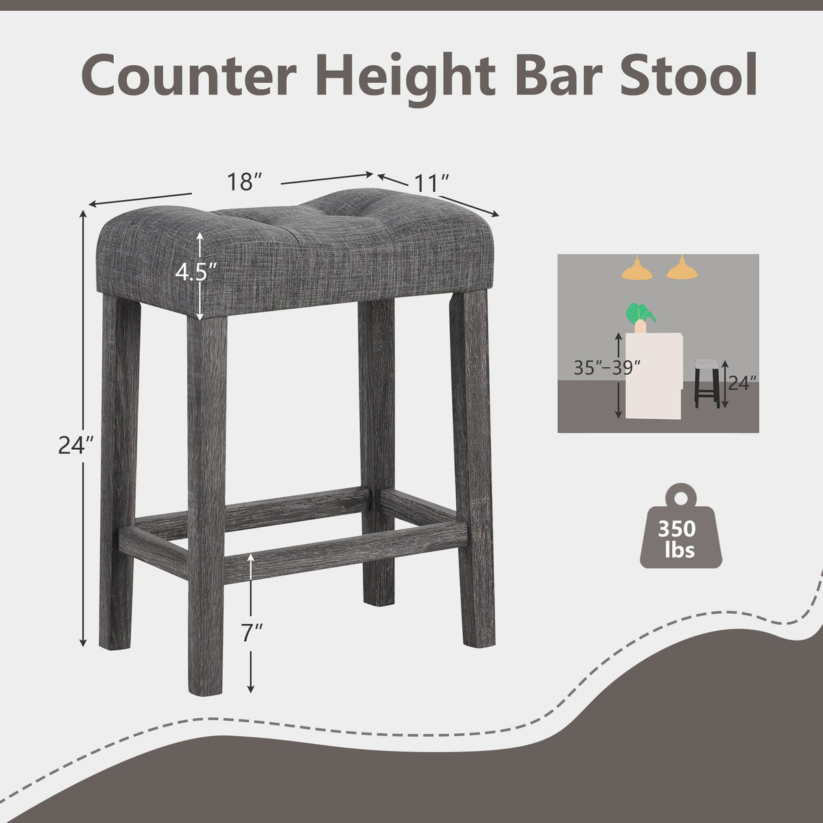 24 Inch Set of 2 Saddle Bar Stools with Padded Seat-Gray
