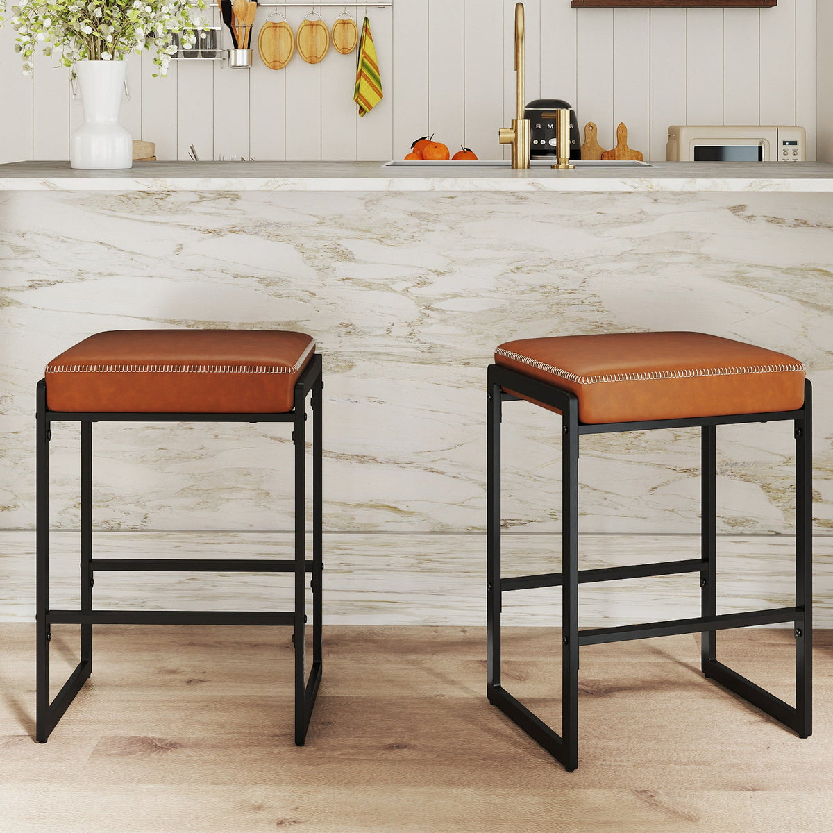 26 inch Bar Stools Set of 4 Counter Height Barstools with Faux Leather Upholstered Seat