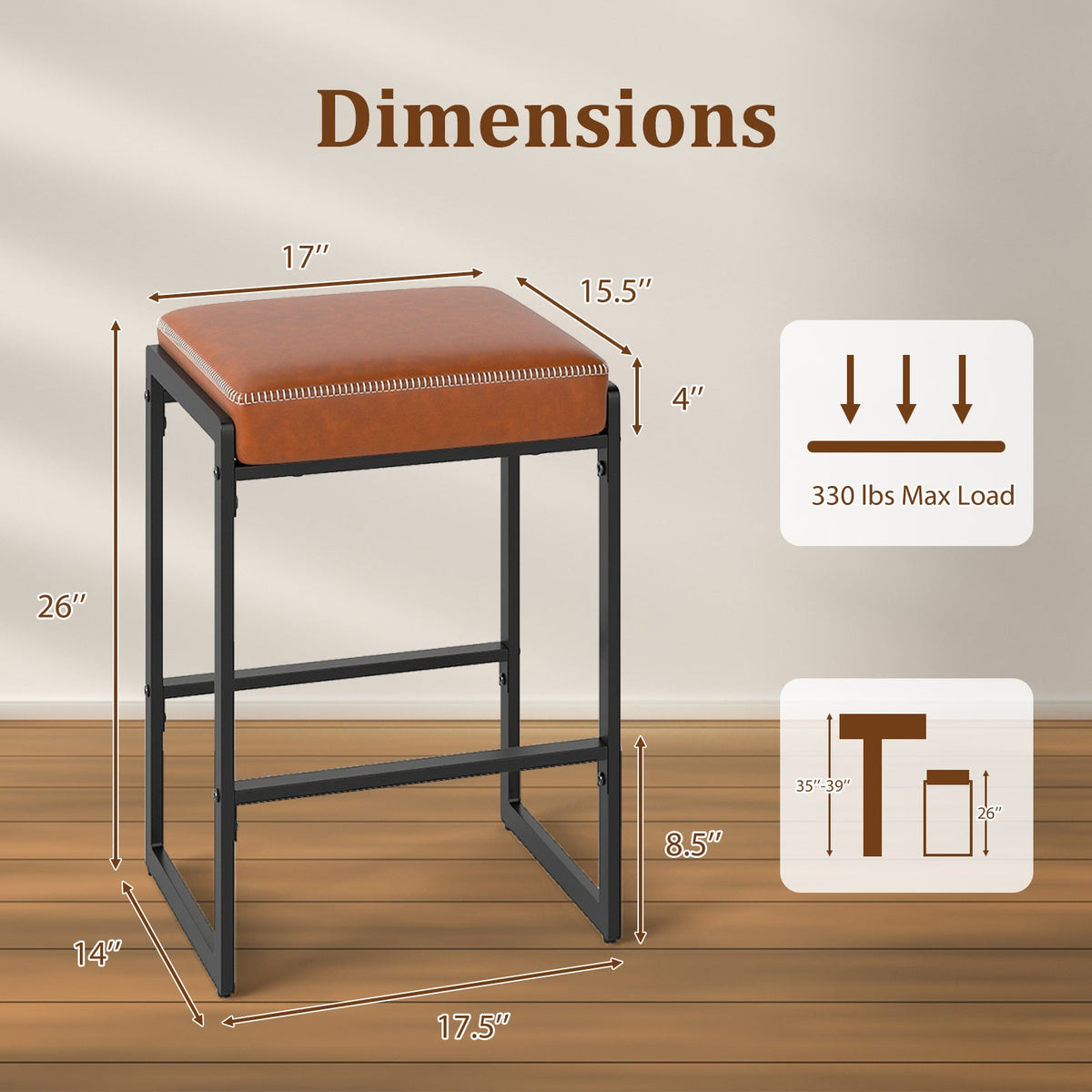 26 inch Bar Stools Set of 4 Counter Height Barstools with Faux Leather Upholstered Seat