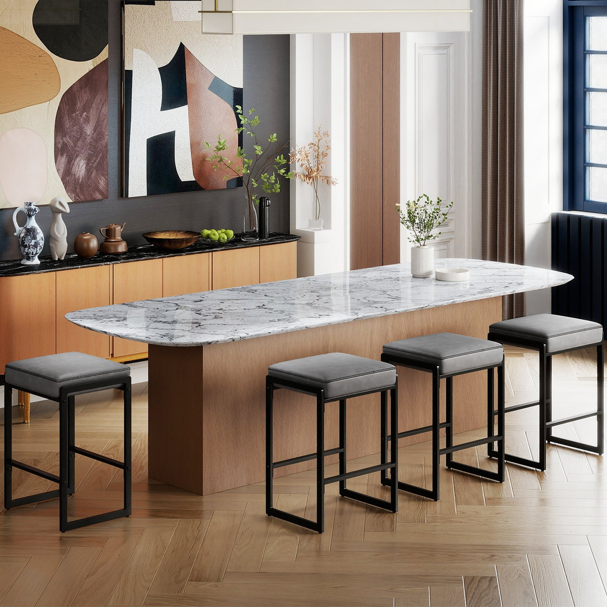 26 inch Bar Stools Set of 4 Counter Height Barstools with Faux Leather Upholstered Seat