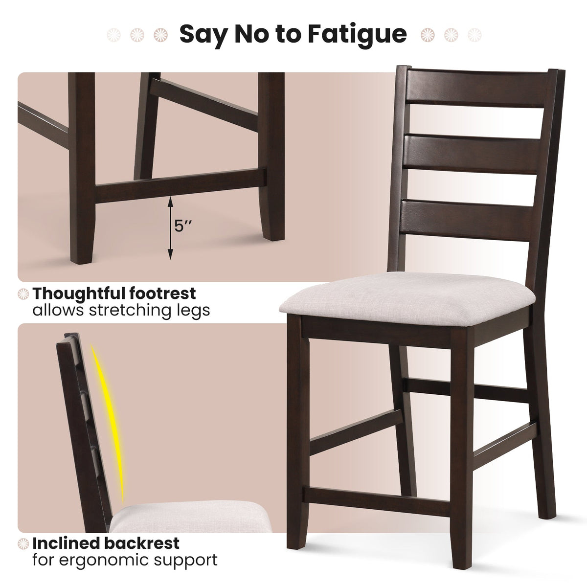 2 Piece Counter Height Bar Stool Set with Padded Seat and Rubber Wood Legs-Beige
