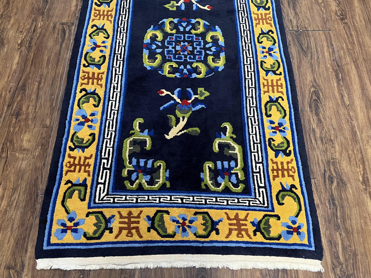 Chinese Art Deco Rug 3 x 5.9, Handmade Chinese Peking Carpet, Dark Blue and Gold, Medallion, Asian Oriental 3x6 Hand Knotted Vintage Rug