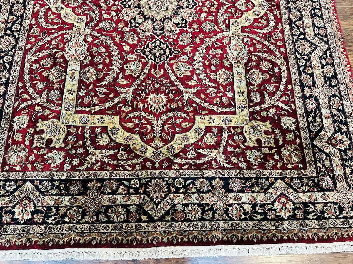 Indo Persian Rug 8x10, Red Vintage Wool Traditional Carpet, Floral, Handmade