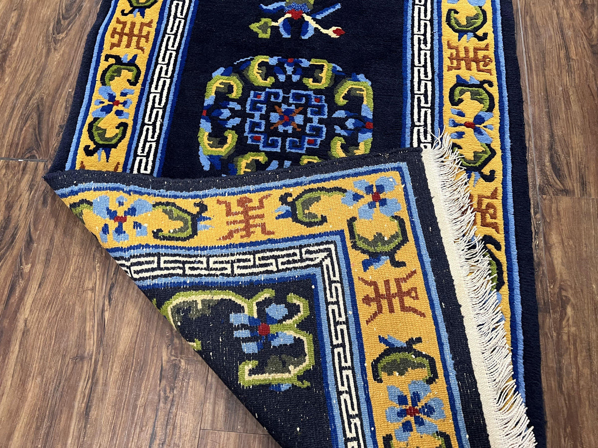 Chinese Art Deco Rug 3 x 5.9, Handmade Chinese Peking Carpet, Dark Blue and Gold, Medallion, Asian Oriental 3x6 Hand Knotted Vintage Rug