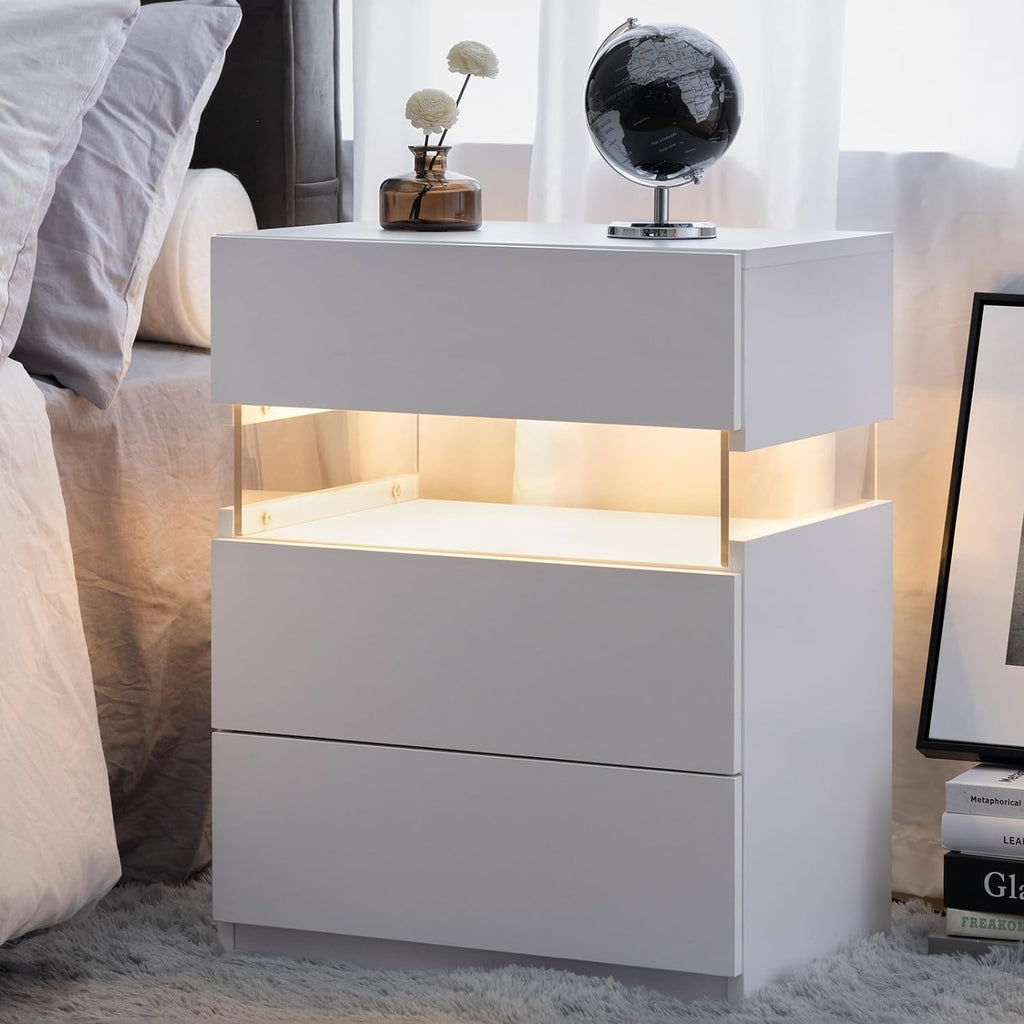 LED bedside table, bedroom, three drawers, dressing table, acrylic board, bedside furniture (white) see
