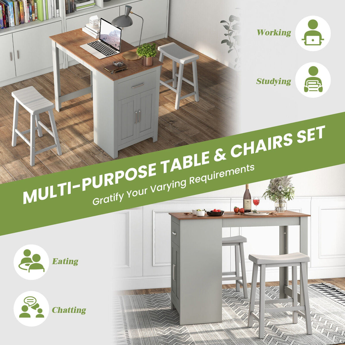 3-Piece Bar Table Set for 2 with 2 Saddle Stools for Dining Room