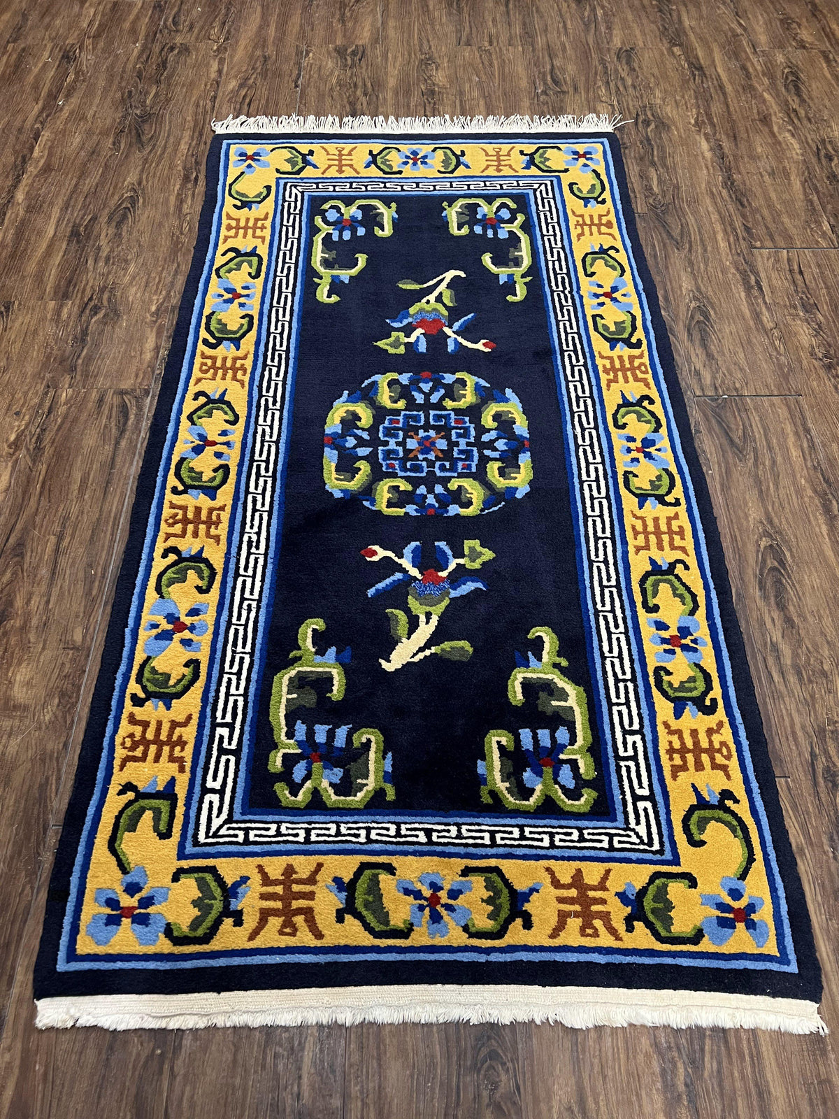 Chinese Art Deco Rug 3 x 5.9, Handmade Chinese Peking Carpet, Dark Blue and Gold, Medallion, Asian Oriental 3x6 Hand Knotted Vintage Rug