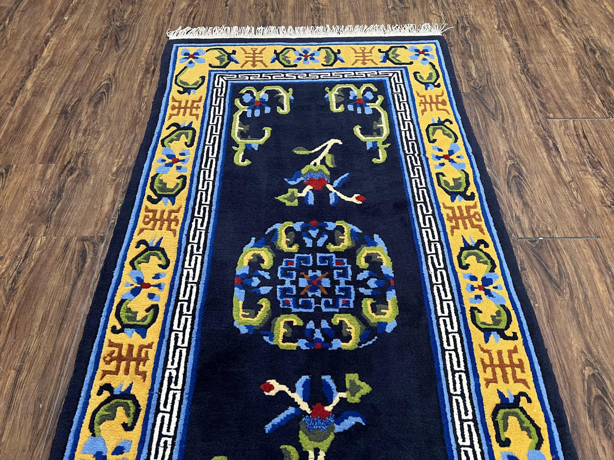 Chinese Art Deco Rug 3 x 5.9, Handmade Chinese Peking Carpet, Dark Blue and Gold, Medallion, Asian Oriental 3x6 Hand Knotted Vintage Rug
