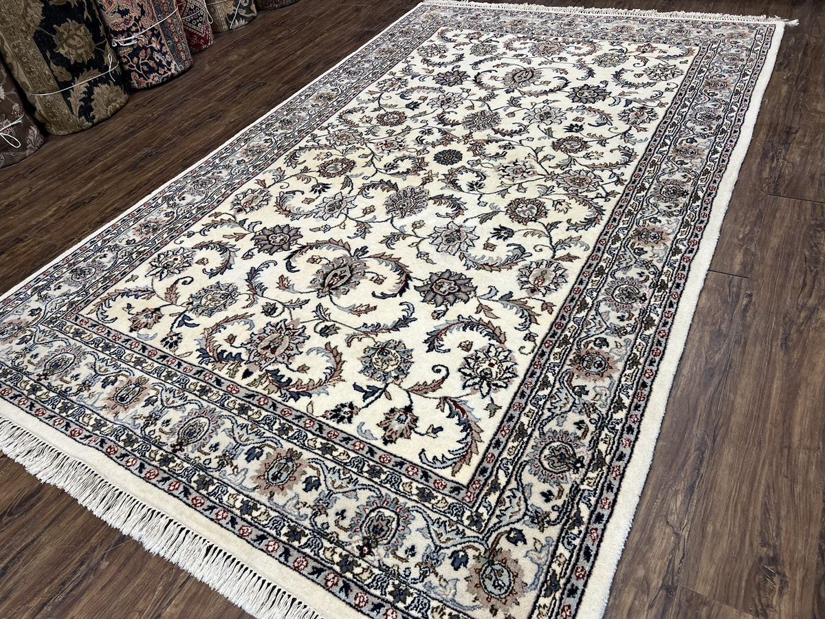 Indian Rug 5.7 x 9, Vintage Oriental Carpet, Handmade Hand Knotted Wool Rug, Living Room Rug, Bedroom Rug, Ivory and Gray, Allover Floral