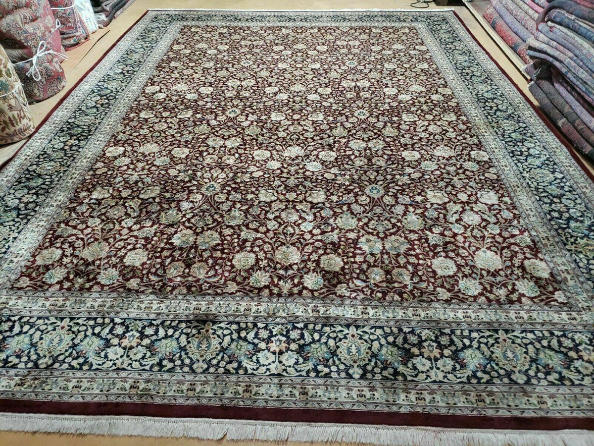 Persian Rug 9x12, Floral Allover, Very Fine, Handmade, Room Sized Oriental Carpet, Sino Persian, Maroon and Navy Blue