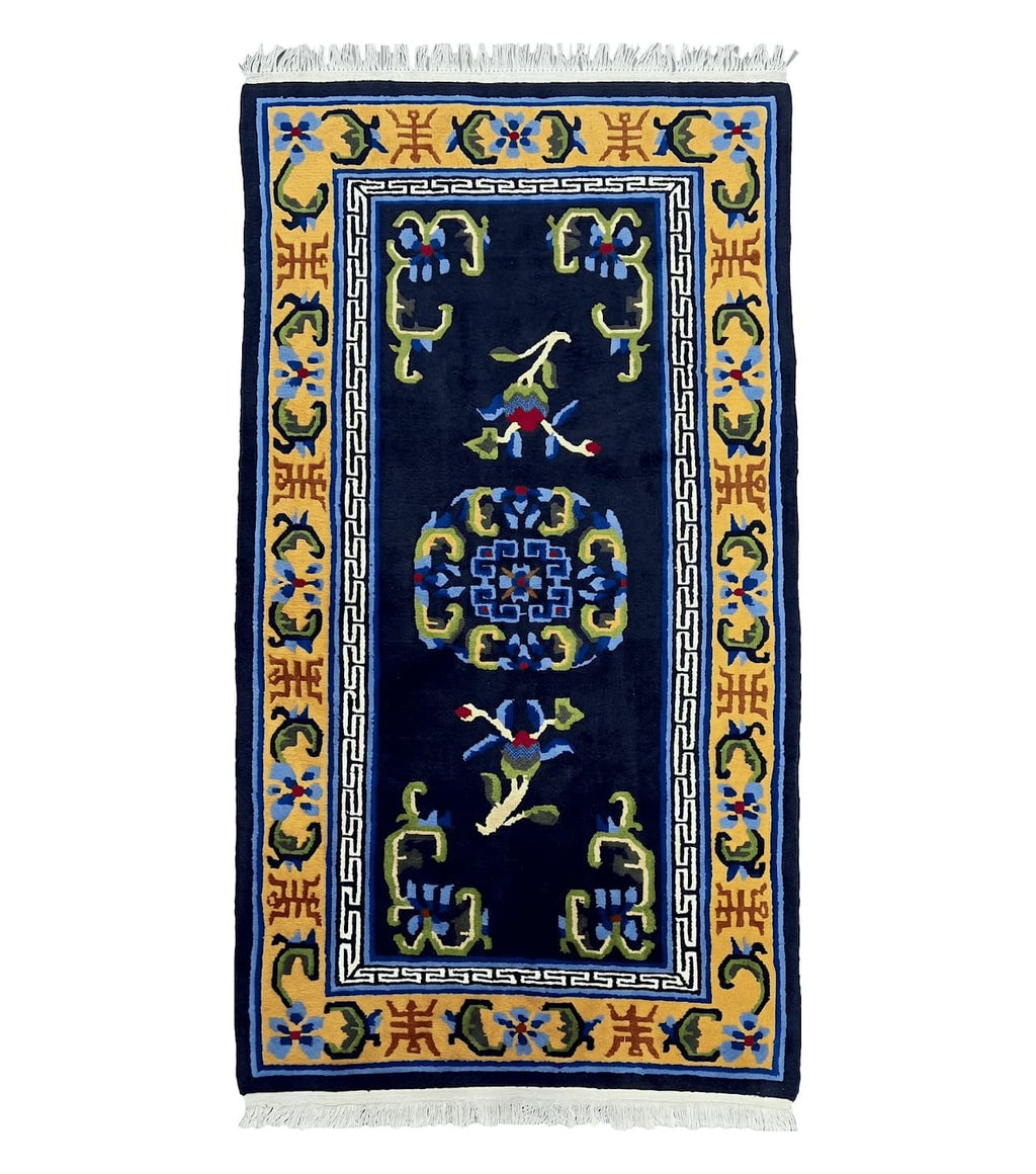 Chinese Art Deco Rug 3 x 5.9, Handmade Chinese Peking Carpet, Dark Blue and Gold, Medallion, Asian Oriental 3x6 Hand Knotted Vintage Rug