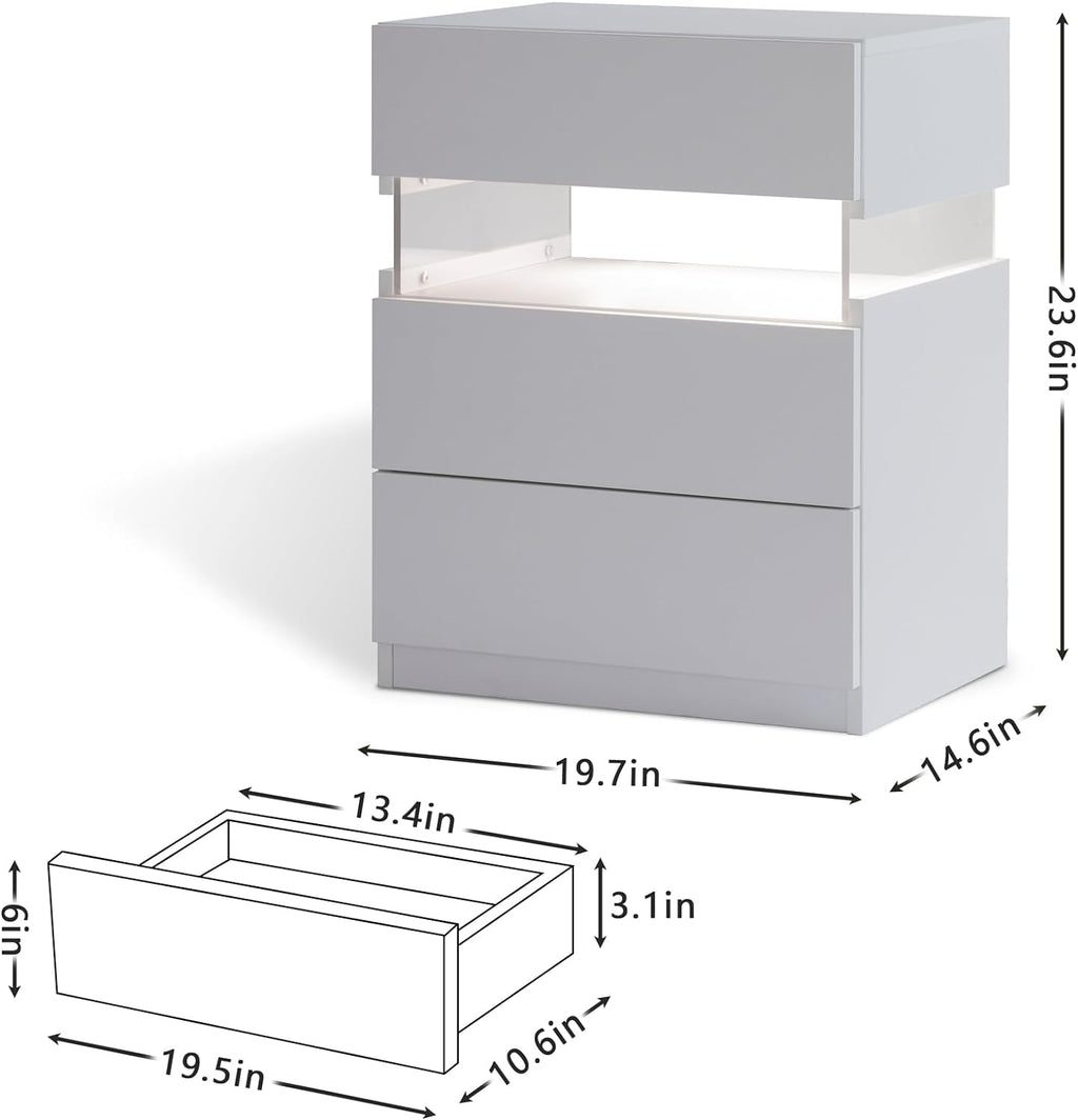 LED bedside table, bedroom, three drawers, dressing table, acrylic board, bedside furniture (white) see