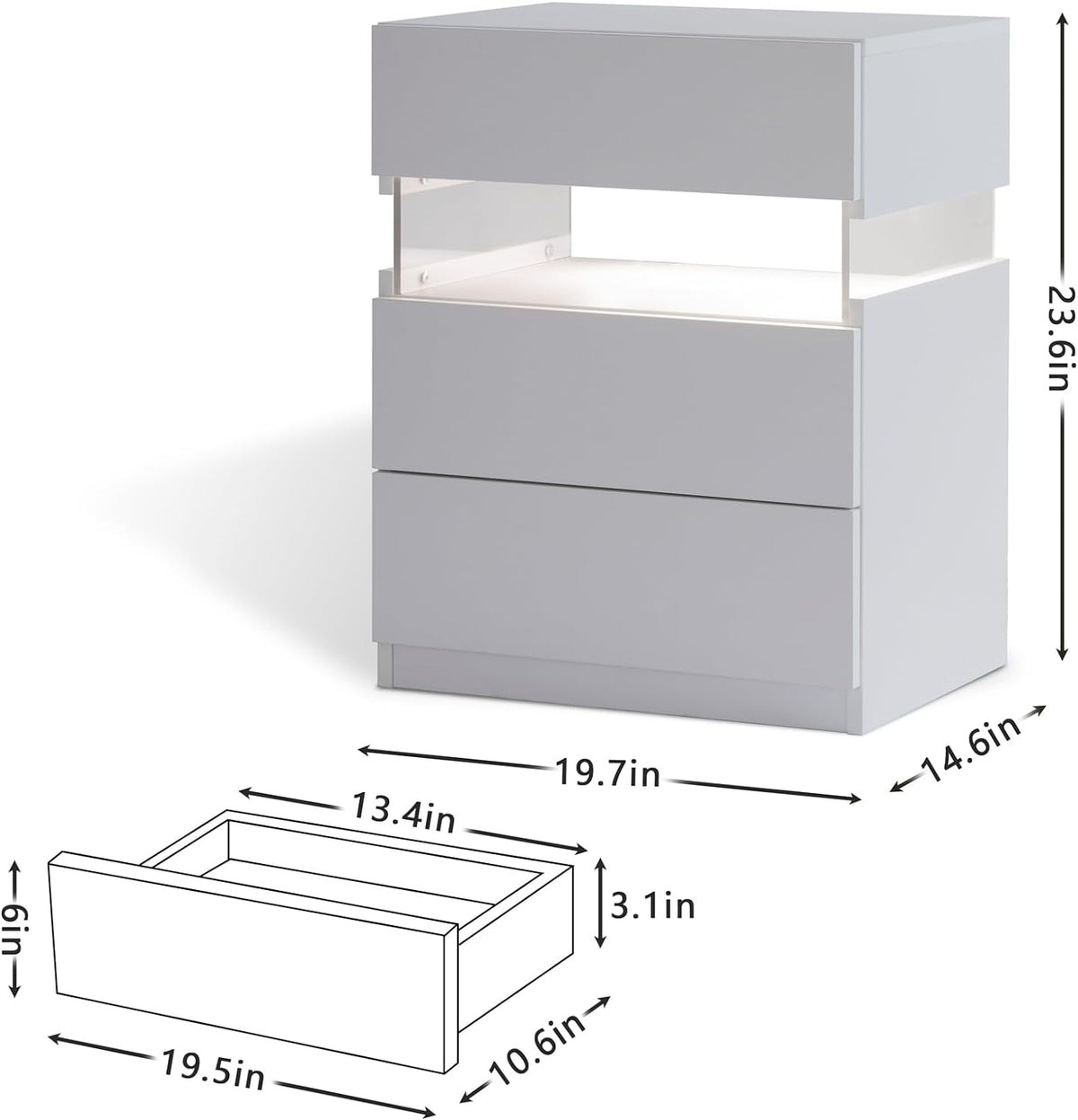 LED bedside table, bedroom, three drawers, dressing table, acrylic board, bedside furniture (white) see