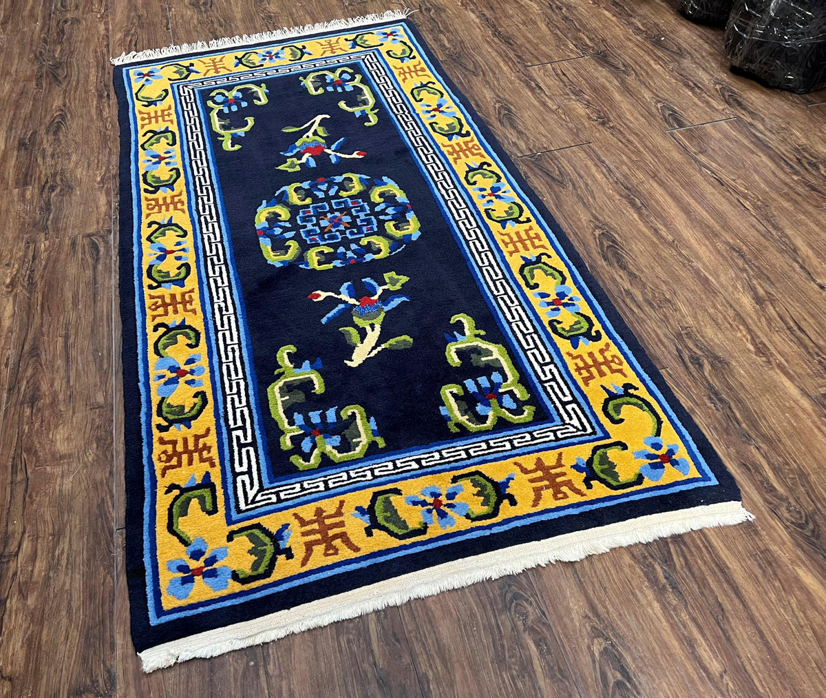 Chinese Art Deco Rug 3 x 5.9, Handmade Chinese Peking Carpet, Dark Blue and Gold, Medallion, Asian Oriental 3x6 Hand Knotted Vintage Rug