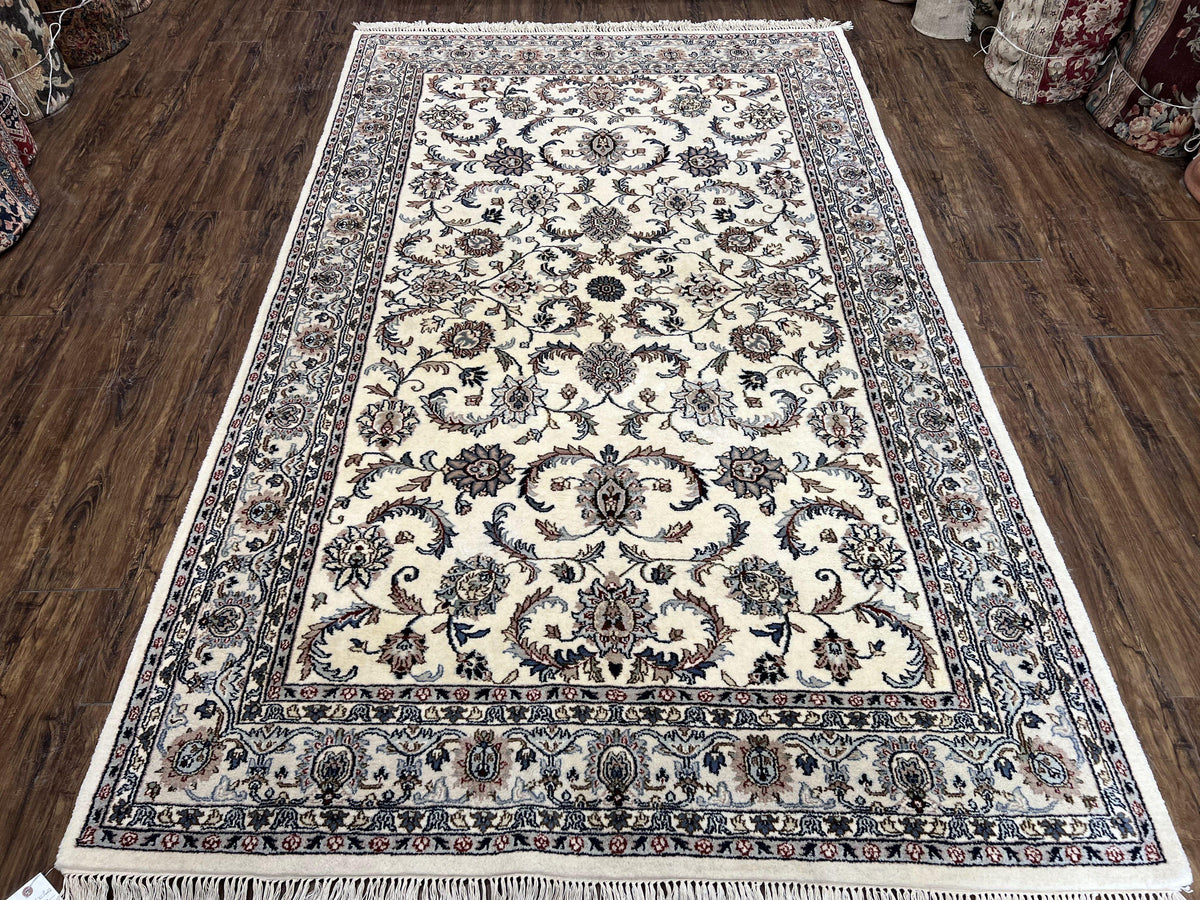 Indian Rug 5.7 x 9, Vintage Oriental Carpet, Handmade Hand Knotted Wool Rug, Living Room Rug, Bedroom Rug, Ivory and Gray, Allover Floral