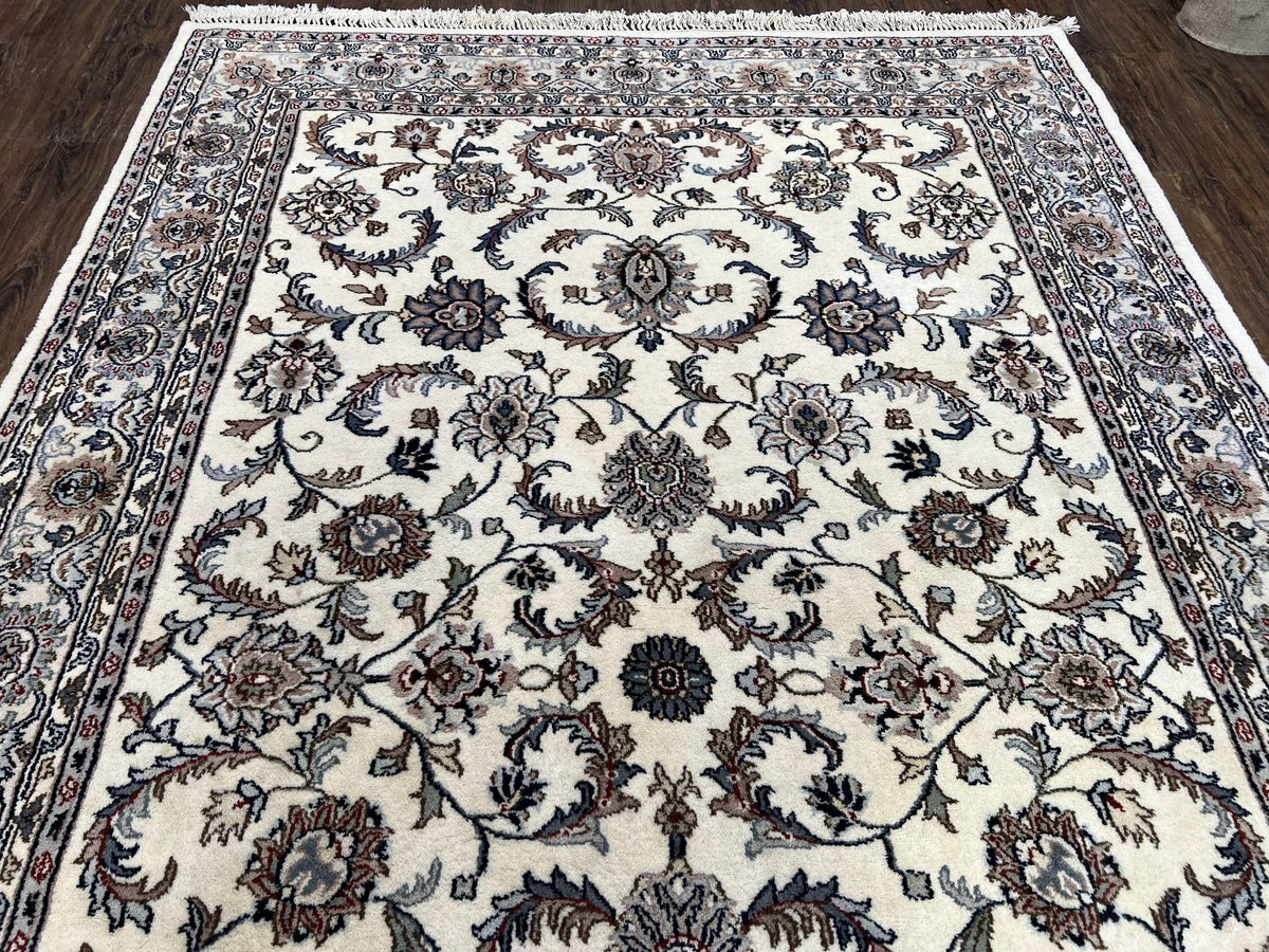 Indian Rug 5.7 x 9, Vintage Oriental Carpet, Handmade Hand Knotted Wool Rug, Living Room Rug, Bedroom Rug, Ivory and Gray, Allover Floral
