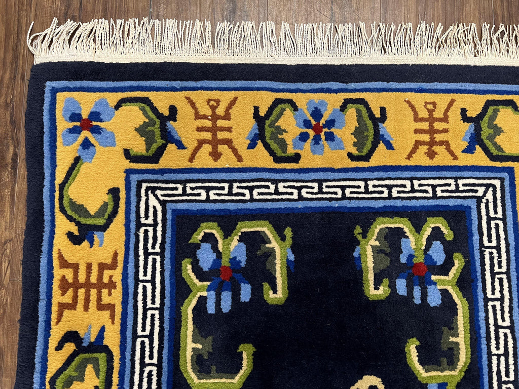 Chinese Art Deco Rug 3 x 5.9, Handmade Chinese Peking Carpet, Dark Blue and Gold, Medallion, Asian Oriental 3x6 Hand Knotted Vintage Rug