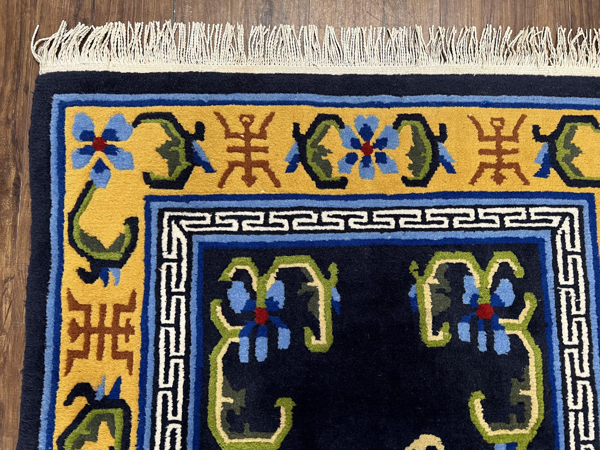 Chinese Art Deco Rug 3 x 5.9, Handmade Chinese Peking Carpet, Dark Blue and Gold, Medallion, Asian Oriental 3x6 Hand Knotted Vintage Rug