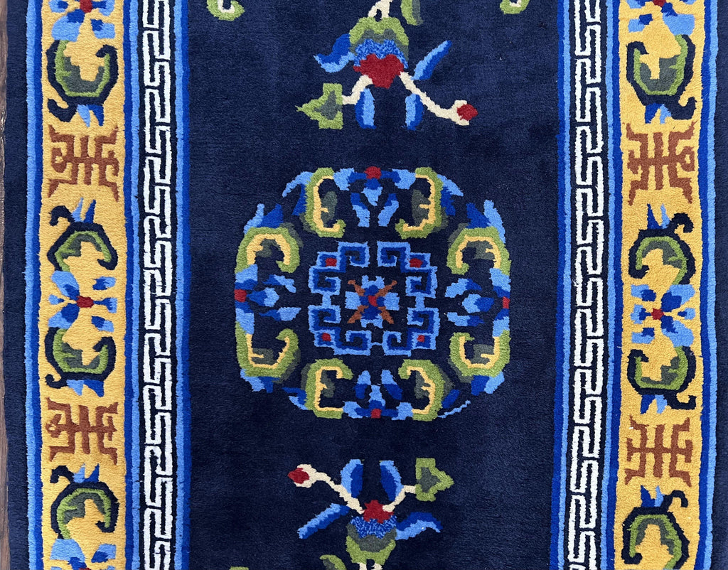 Chinese Art Deco Rug 3 x 5.9, Handmade Chinese Peking Carpet, Dark Blue and Gold, Medallion, Asian Oriental 3x6 Hand Knotted Vintage Rug