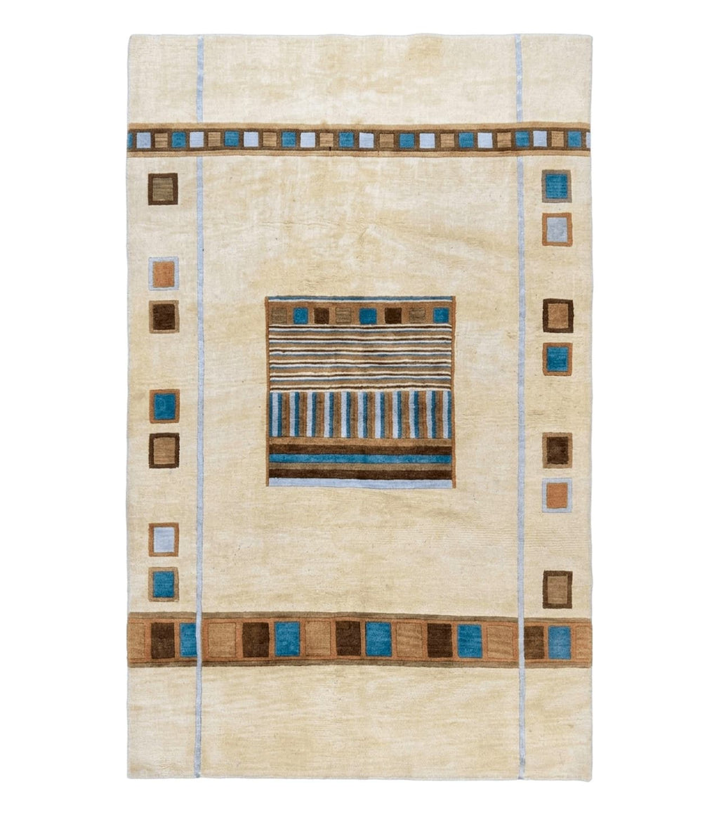 Tibetan Rug 5x8, Contemporary Rug 5 x 8 ft, Cream Brown Blue Hand-Knotted Wool w/ Silk Highlights Tibetan Carpet, Modern Rug