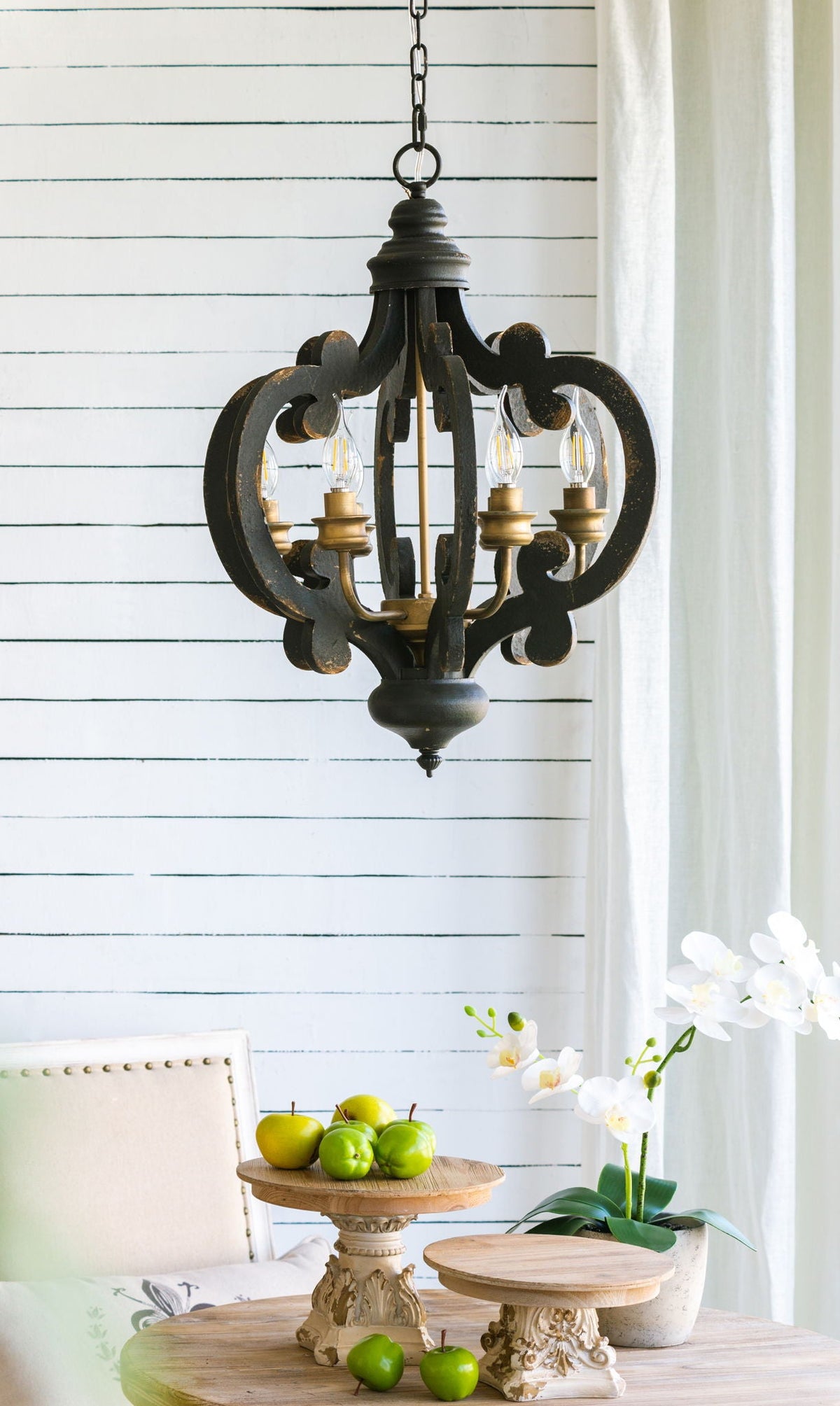 Farmhouse Chandelier, 6 Light Wood Chandelier Pendant Light Fixture With Adjustable Chain For Dining Room Living Room Entryway, Bulb Not Included
