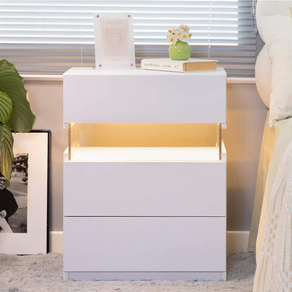 LED bedside table, bedroom, three drawers, dressing table, acrylic board, bedside furniture (white) see