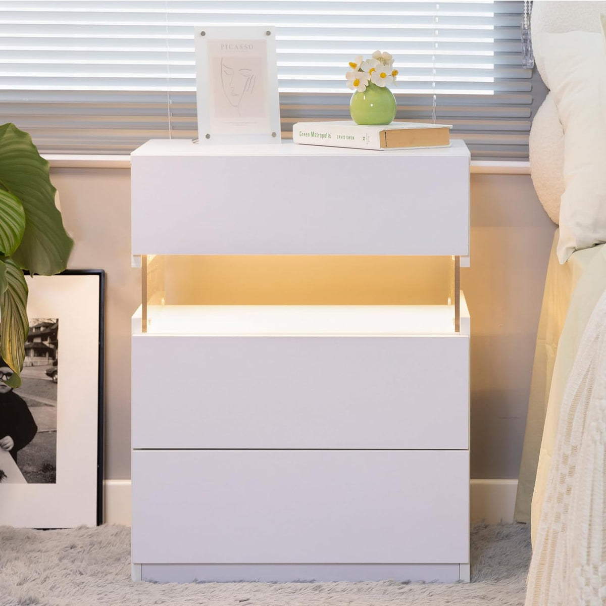 LED bedside table, bedroom, three drawers, dressing table, acrylic board, bedside furniture (white) see