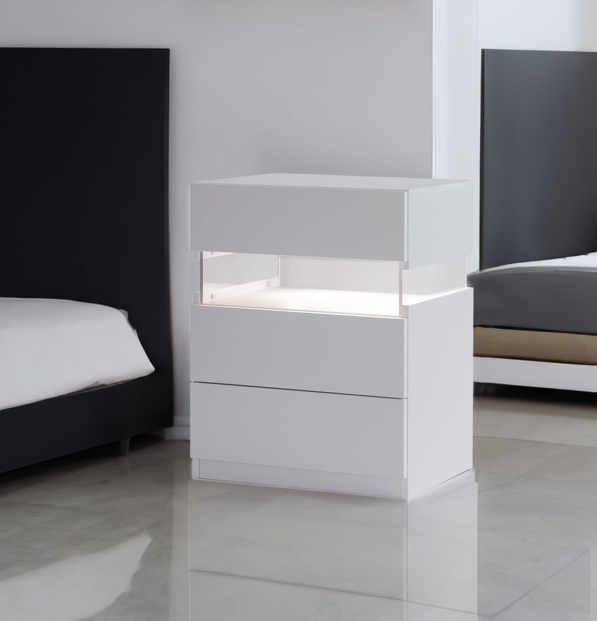 LED bedside table, bedroom, three drawers, dressing table, acrylic board, bedside furniture (white) see