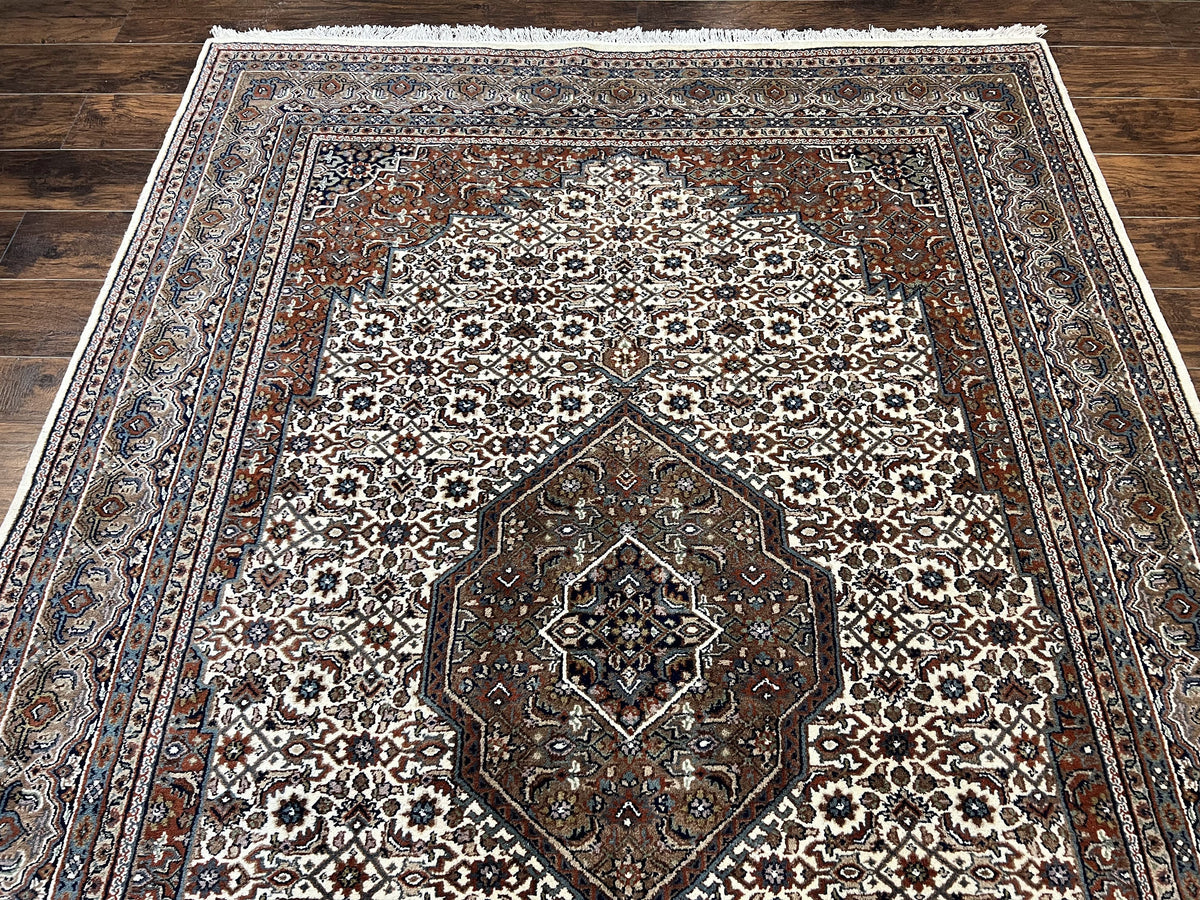 Indo Persian Rug 7x10 ft, Hand Knotted Wool Vintage Oriental Carpet 7 x 10, Traditional Handmade Herati Bidjar Cream Rug, Medallion Rug