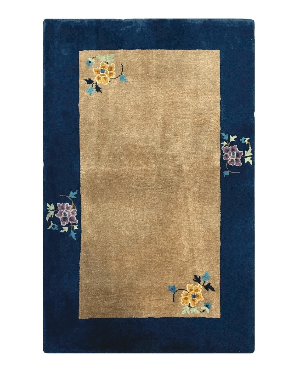 Chinese Rug 3x5, Antique Peking Art Deco Carpet, Simple Design