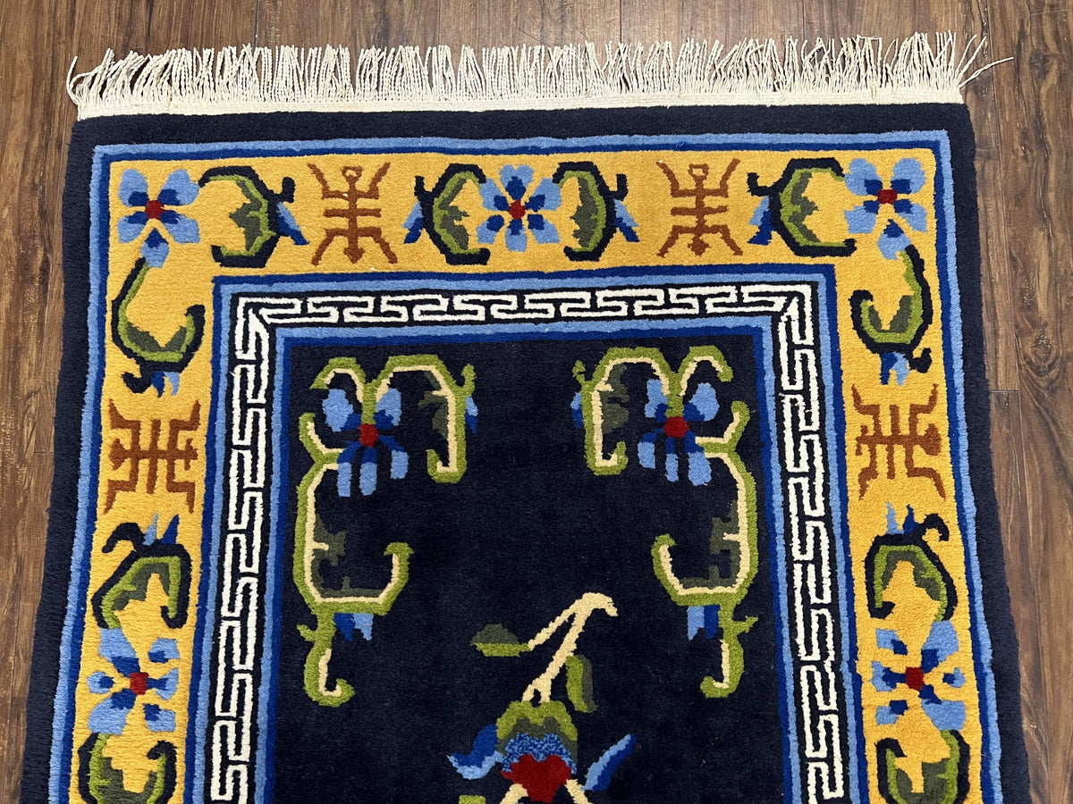 Chinese Art Deco Rug 3 x 5.9, Handmade Chinese Peking Carpet, Dark Blue and Gold, Medallion, Asian Oriental 3x6 Hand Knotted Vintage Rug