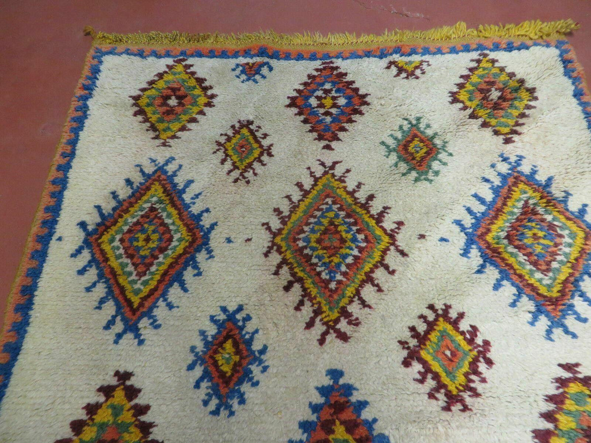 Moroccan Wide Runner Rug 3' 6" x 9', Vintage Azilal Berber Carpet Tribal Runner, Colorful Diamonds Ivory Orange Yellow, Soft Wool Handmade