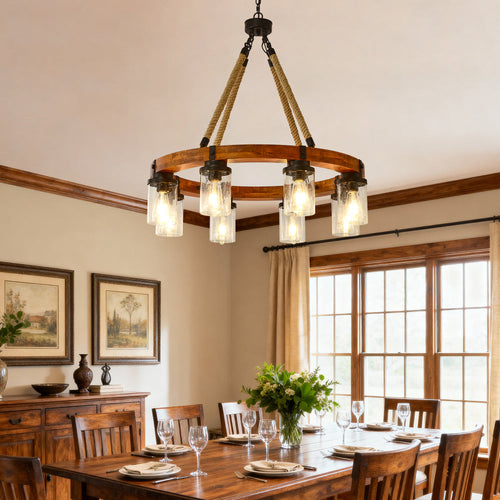 8-Light Rustic Wagon Wheel Chandelier | 31" Wood Frame & Seeded Glass, Farmhouse Industrial Pendant