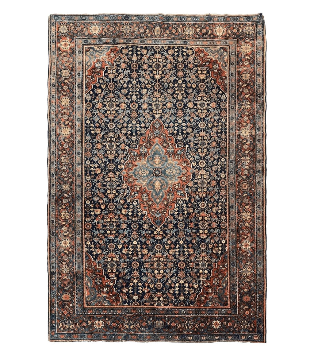 Persian Rug 4x7 Antique Sarouk Farahan Carpet, Navy Blue and Red Wool Rug