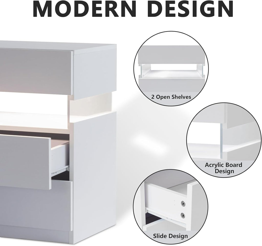 LED bedside table, bedroom, three drawers, dressing table, acrylic board, bedside furniture (white) see