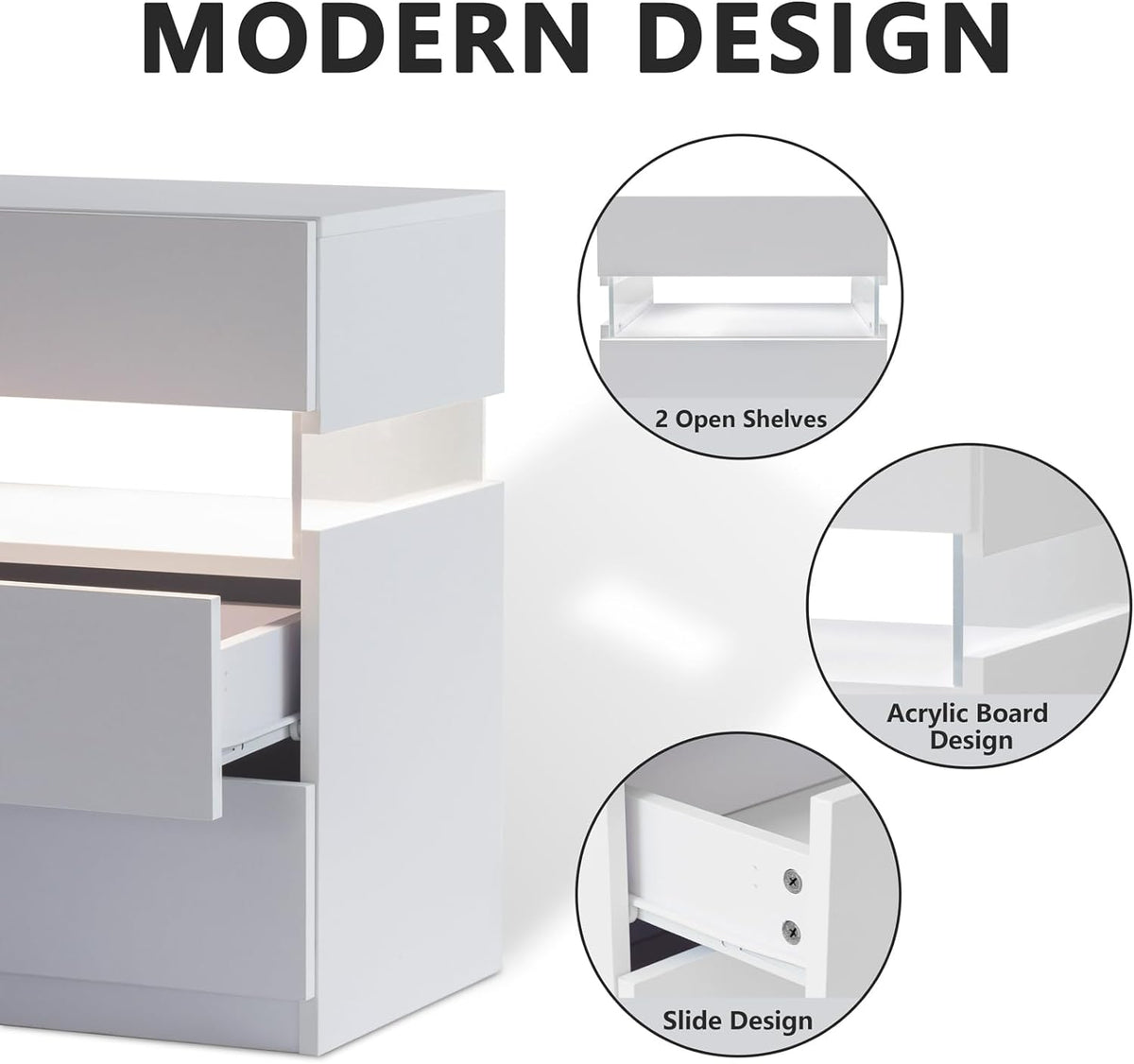 LED bedside table, bedroom, three drawers, dressing table, acrylic board, bedside furniture (white) see