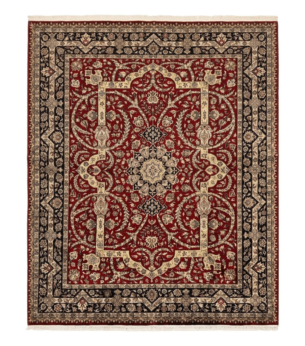 Indo Persian Rug 8x10, Red Vintage Wool Traditional Carpet, Floral, Handmade