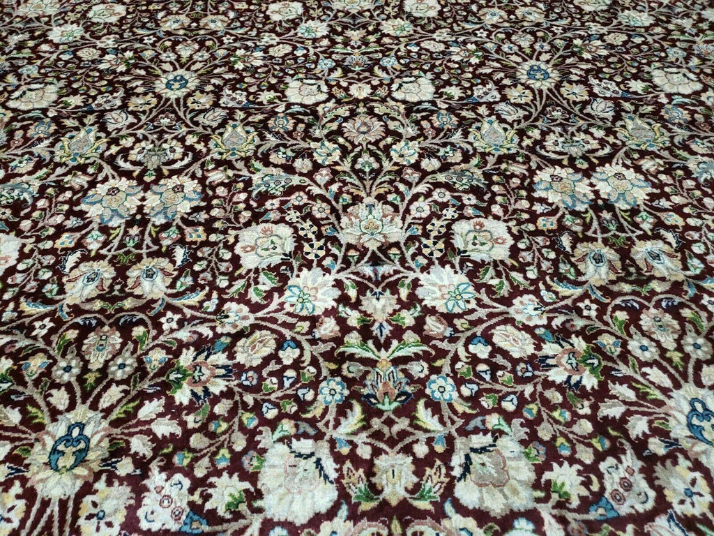 Persian Rug 9x12, Floral Allover, Very Fine, Handmade, Room Sized Oriental Carpet, Sino Persian, Maroon and Navy Blue