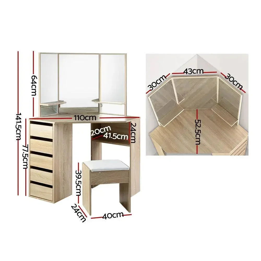 Artiss Corner Dressing Table Mirror Stool Set Makeup Vanity Desk Chair